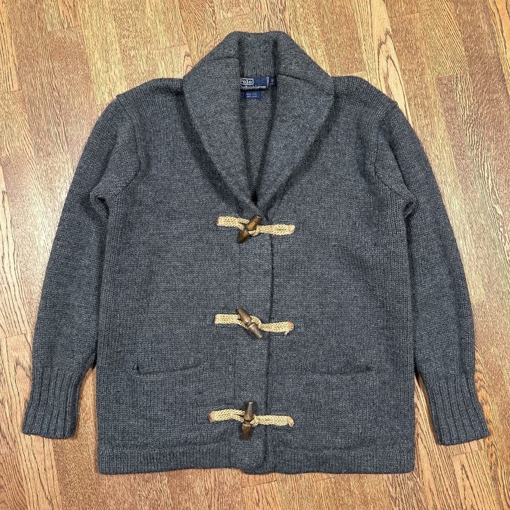 Vintage 90s Polo Ralph Lauren Wool Duffle Toggle Shawl Cardigan Sweater Mens L